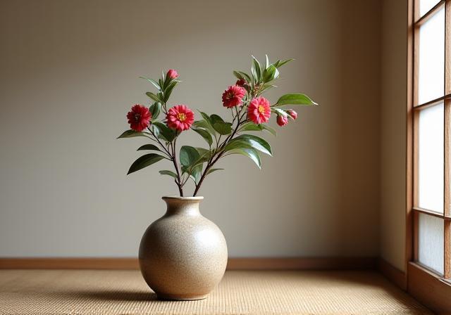 A single camellia branch in a rustic vase placed in a traditional Japanese tokonoma alcove, illustrating wabi-sabi principles.