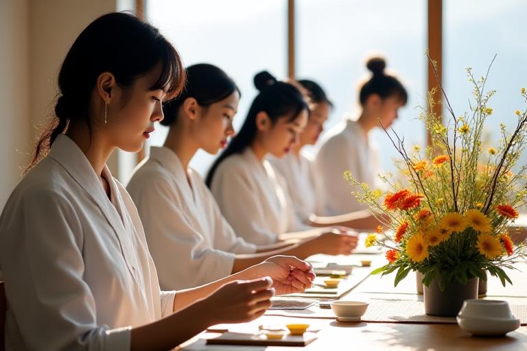 Students attentively practicing Ikebana in a bright, serene workshop space at Seishin En.